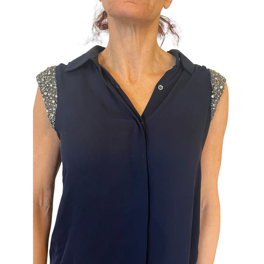 Women's HAUTE HIPPIE Navy Blue Beaded Embellished Cap Sleeve Silk Blouse S $395 - Picture 10 of 16